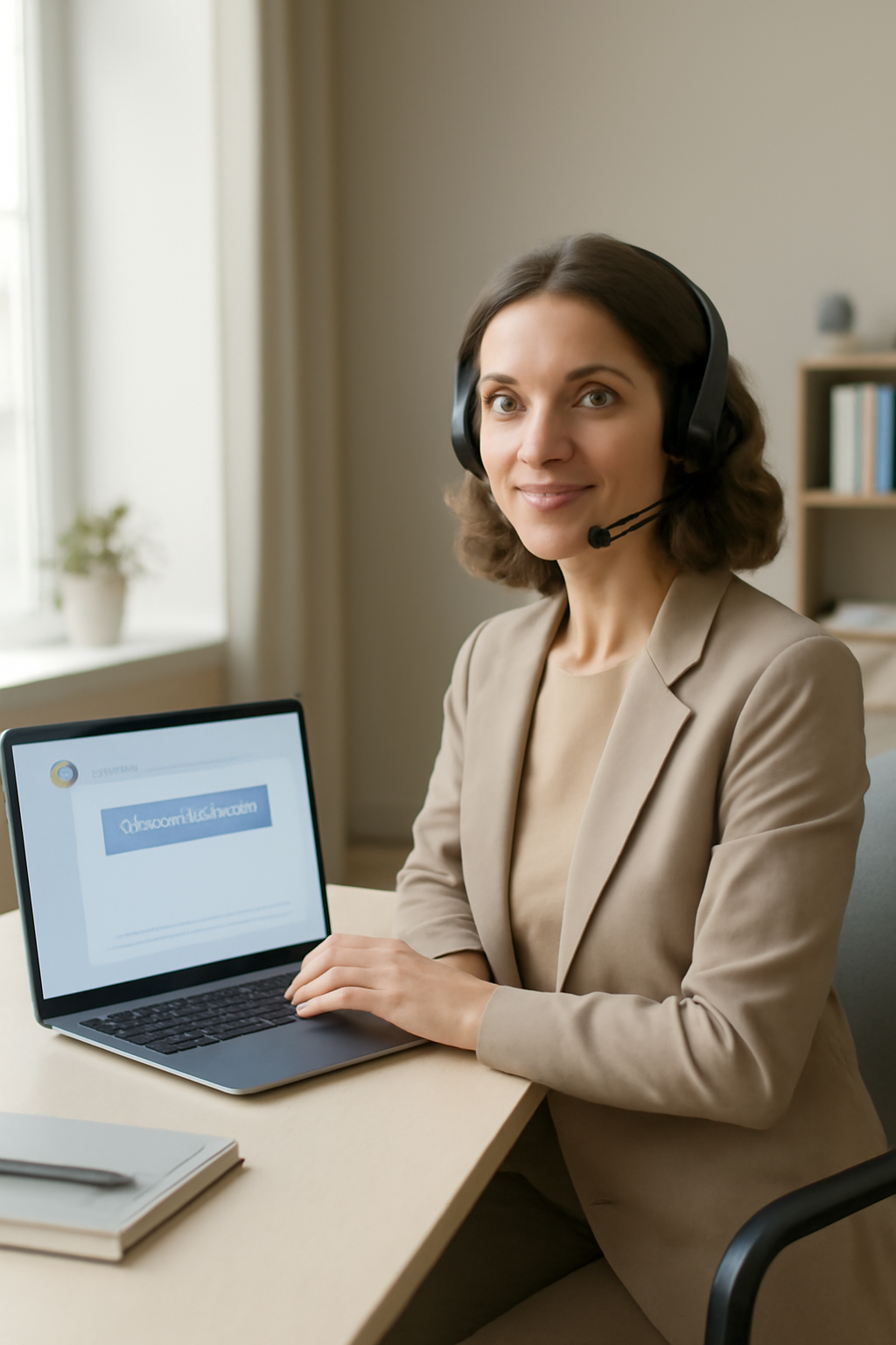 In a serene modern European office bathed in soft daylight a calm and approachable female customer service employee around 35 years old sits confident